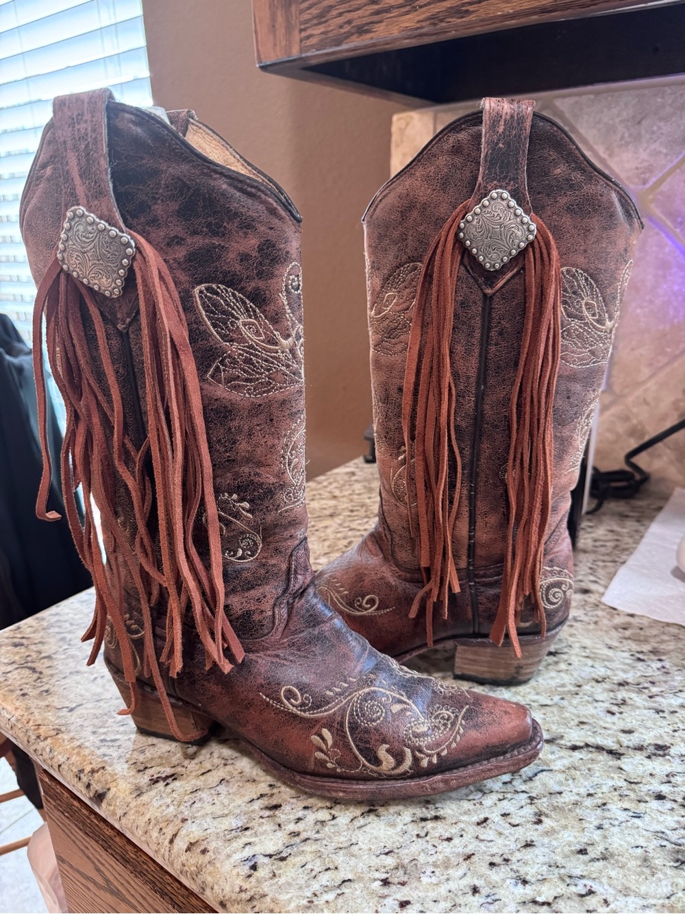 Circle G Recycled Brown Distressed Fringe Western Heeled Boots w/ Conchos.